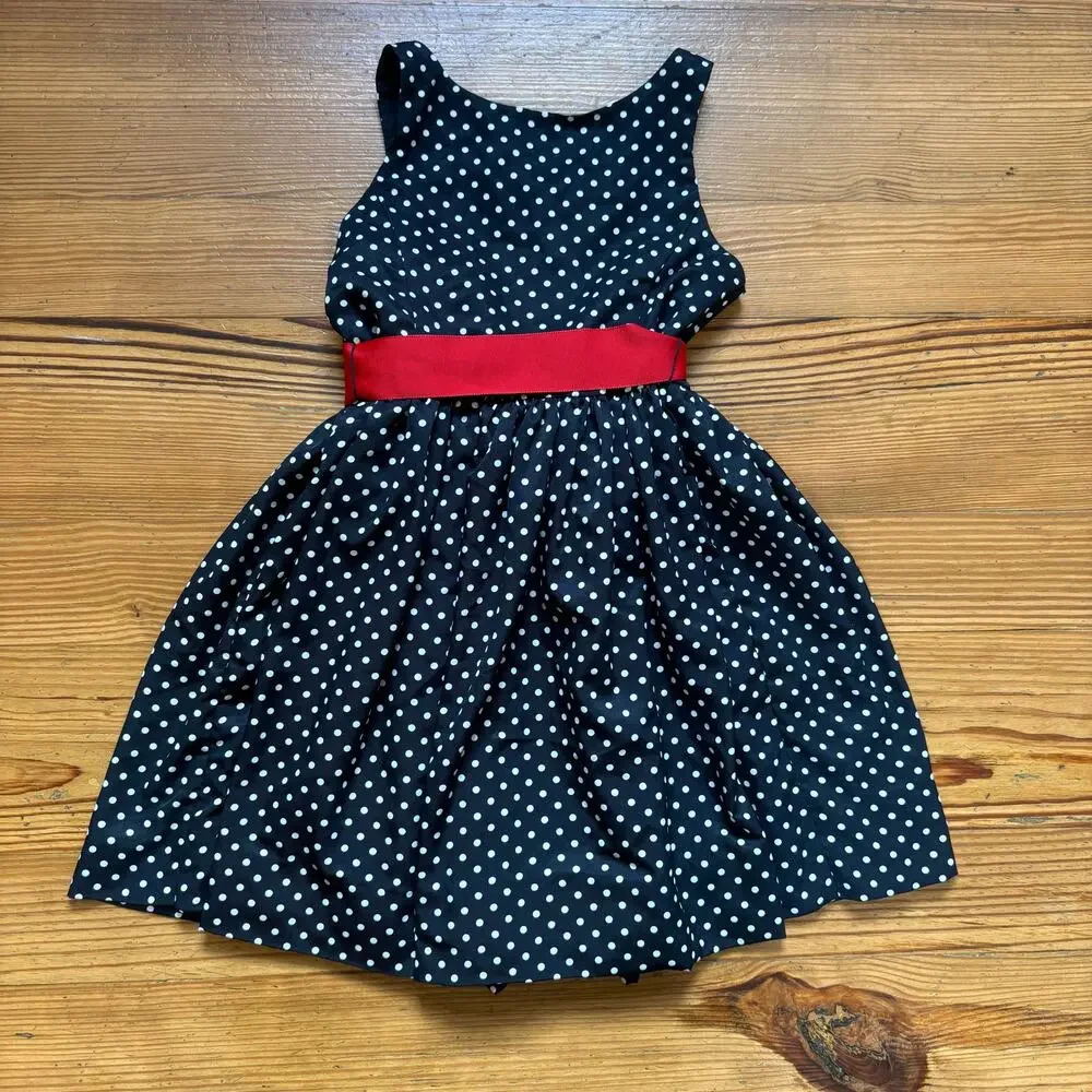 Polo Ralph Lauren black white polka‎ dot red belt sleeveless dress SIZE 5